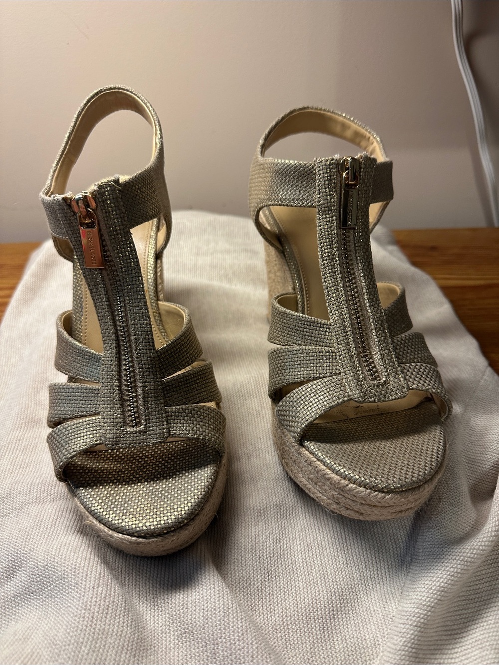 Michael Kors Metallic Gold Wedge Sandals with Front Zip